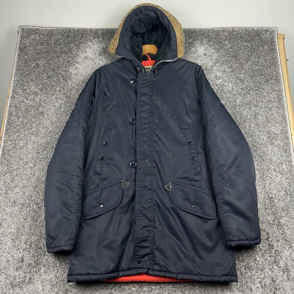VTG Montgomery Ward Parka Jacket Men's Medium Snorkel Quilted Fur Hood Blue‎